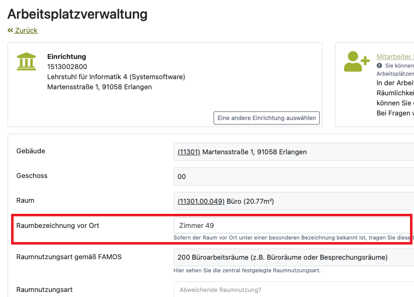 Raumbezeichnung in der Arbeitsplatzverwaltung angepasst