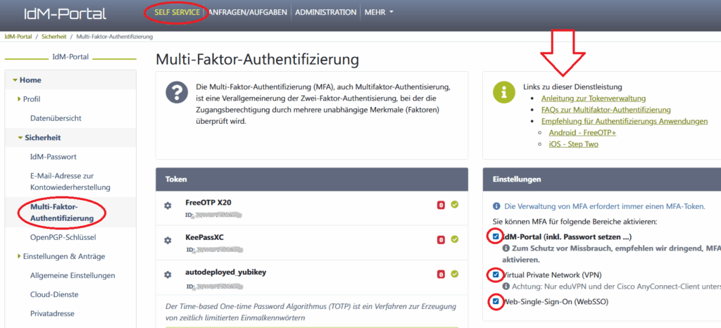 Screenshot von der Einstellung für MFA im IdM-Portal