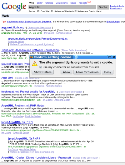 Screenshot einer Google-Suche mit automatischem Cookie-Setzen